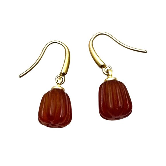 Red Orange Agate Gemstone Pumpkin Drop 18K Gold Plated Pierced Earrings Fall - Picture 4 of 6